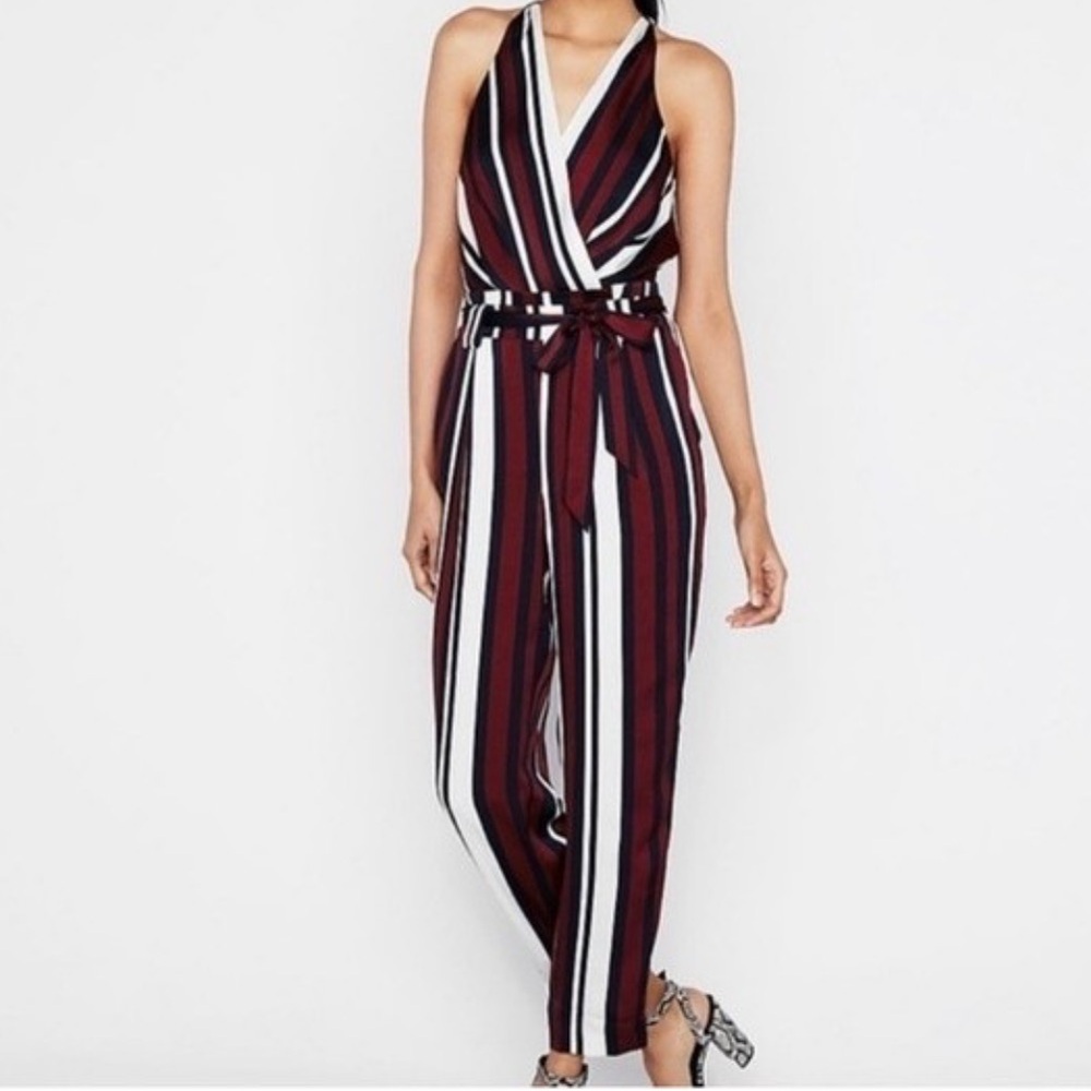 Express Burgundy and White Striped Jumpsuit
